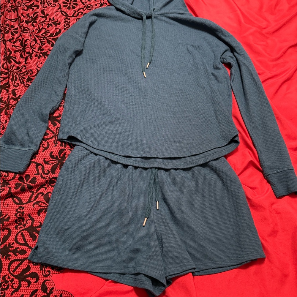 Victoria's Secret Teal Waffle-Knit Hoodie & Shorts Set
